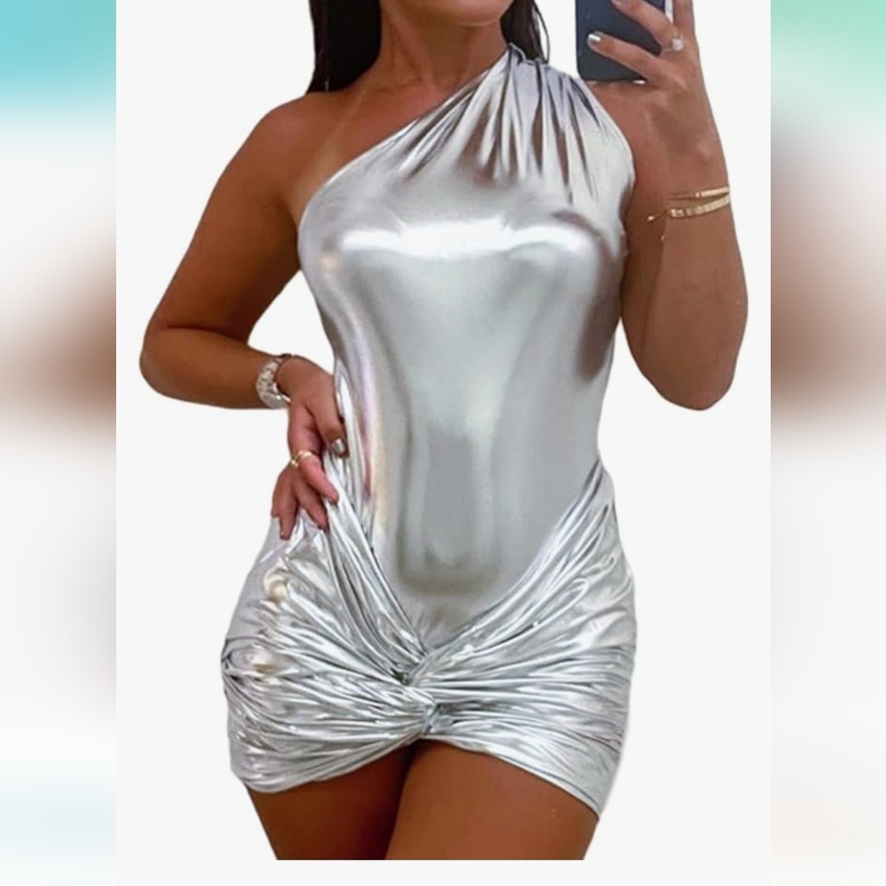 Sexy Metallic One Shoulder Mini Dress 2‎ Piece Sleeveless Ruched Bottom sz S